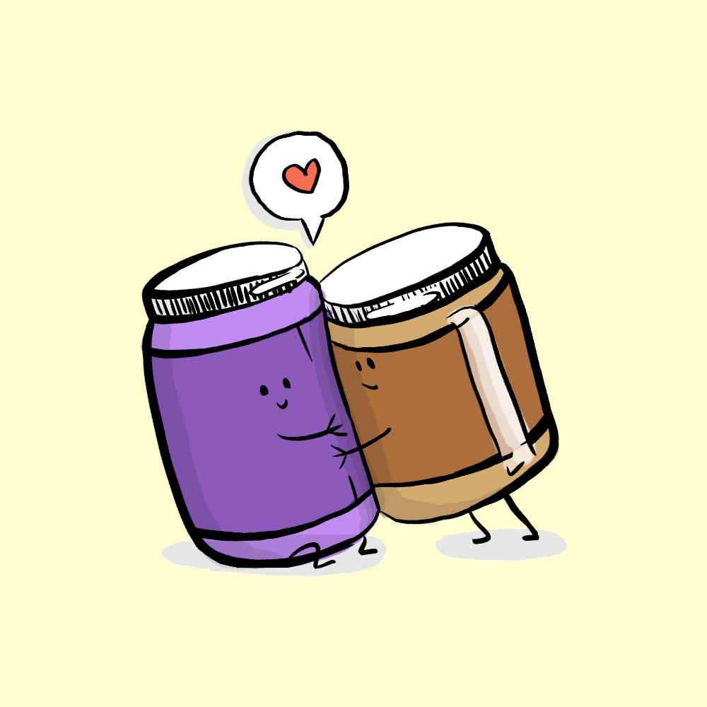 Cartoon illustration of peanut butter and jelly jars giving each other a hug
