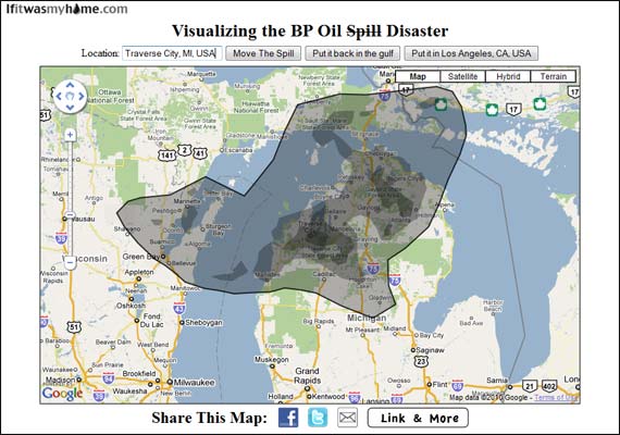 BP oil spill overlaid on northern Michigan