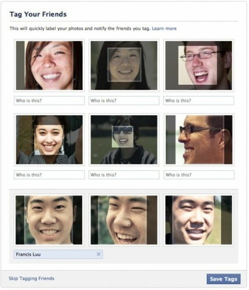 Facebook face match tagging