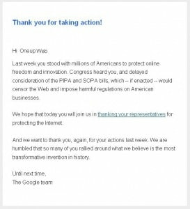 Google letter to Oneupweb thanking for the SOPA and PIPA support