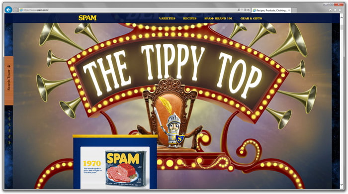 Screenshot of the Spam website showing a fixed header