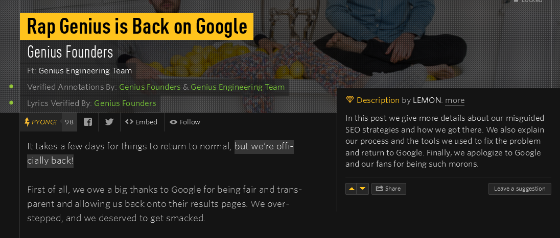 rap genius blog on google penalty