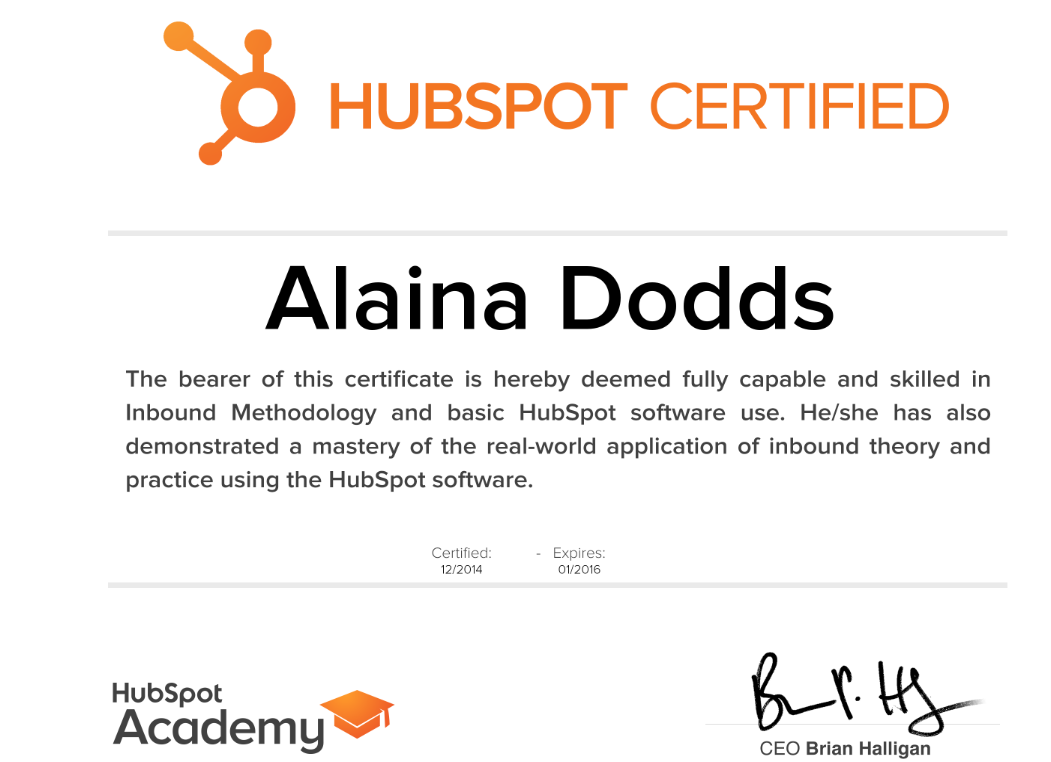 Alaina Dodds HubSpot Certification