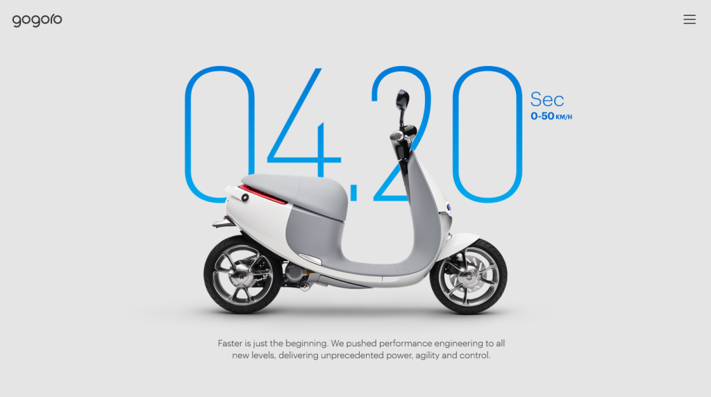 Gogoro uses gratuitous amounts of whitespace throughout the design to focus the user on a single piece of content at a time.