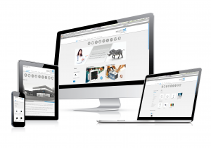 a phone, tablet, desktop computer, and laptop show a website design