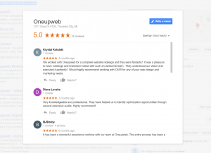 A screenshot of customers' Google Reviews for Oneupweb.