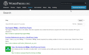 Screenshot of the wordpress search feature with the keyword 