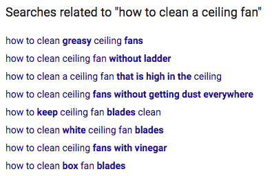 Screenshot of Google searches related to how to clean a ceiling fan.