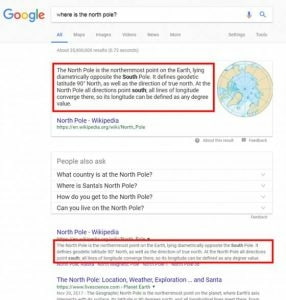 Screenshot of the SERP with the query "where is the north pole."