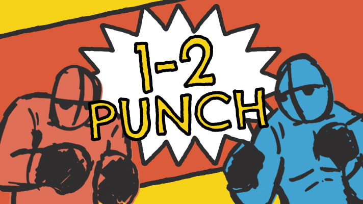 Colorful drawing that says 1, 2 punch.,