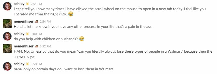 A screenshot of Slack messages between two people about the middle-click feature on a mouse.