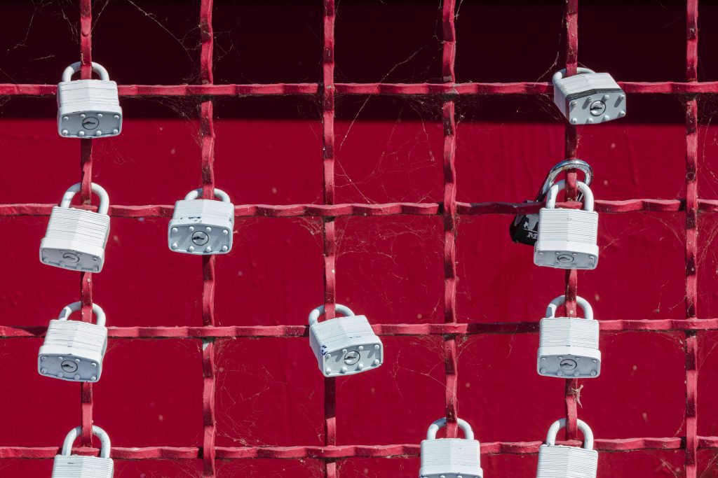 Several locks on a metal fence.