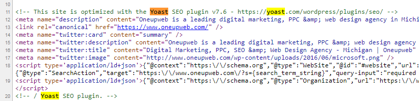 A screenshot of Yoast SEO source code.