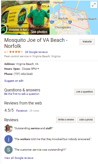 Google My Business profile of Mosquito Joe of VA Beach - Norfolk with address hidden.
