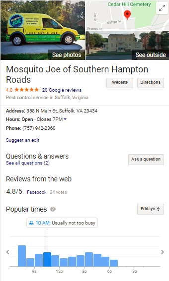 Google My Business profile of Mosquito Joe of Southern Hampton Roads with address shown.