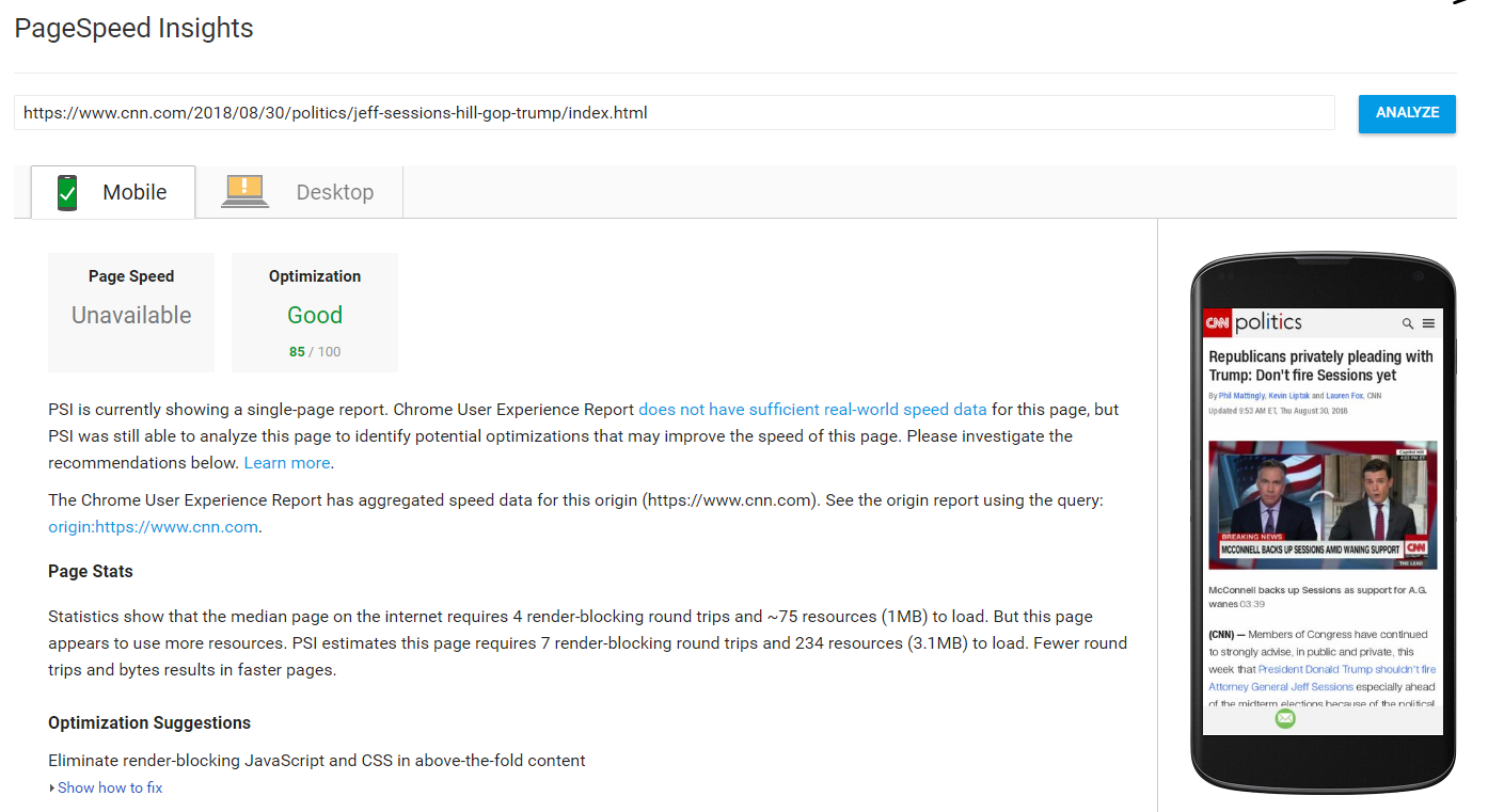 A screenshot of a mobile PageSpeed Insights report for CNN.