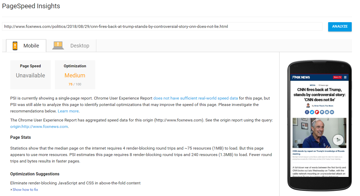 A screenshot of a mobile PageSpeed Insights report for Fox News.