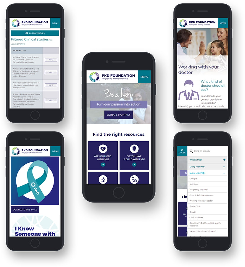 Five mobile devices with various PKD Foundation webpages open showing mobile layout.