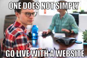 A male marketing professional squinting with text on image saying "one does not simply go live with a website."