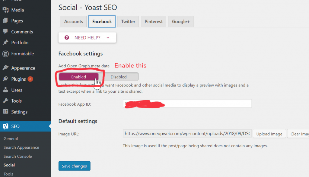 screenshot of the Yoast SEO Facebook plugin with instructions to enable plugin