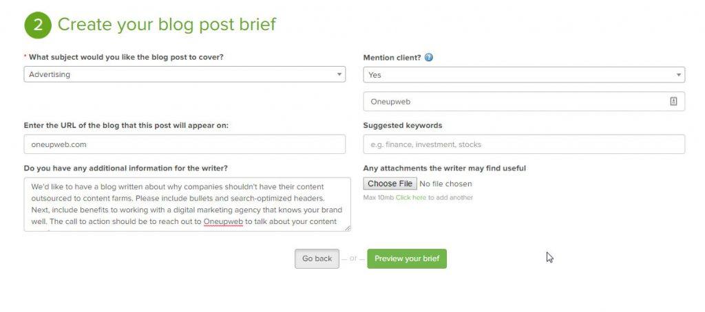 Creating a blog post brief on a content farm site