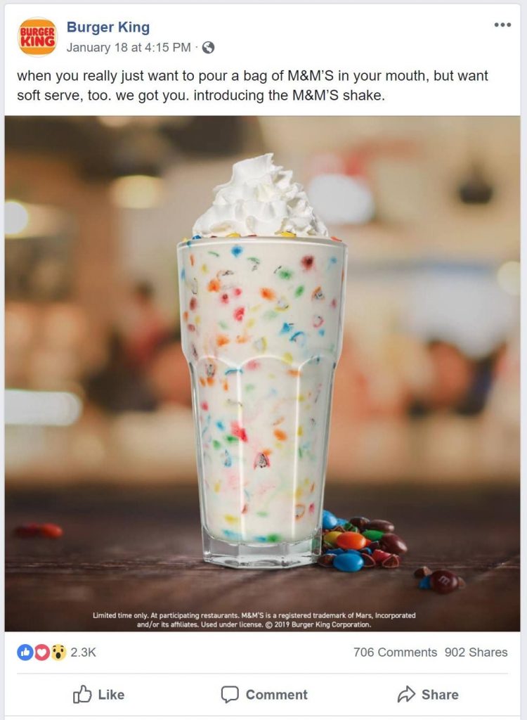 screenshot of burger king facebook status promoting M&M shake