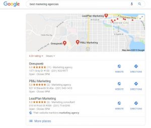 screenshot of map pack for query best marketing agencies