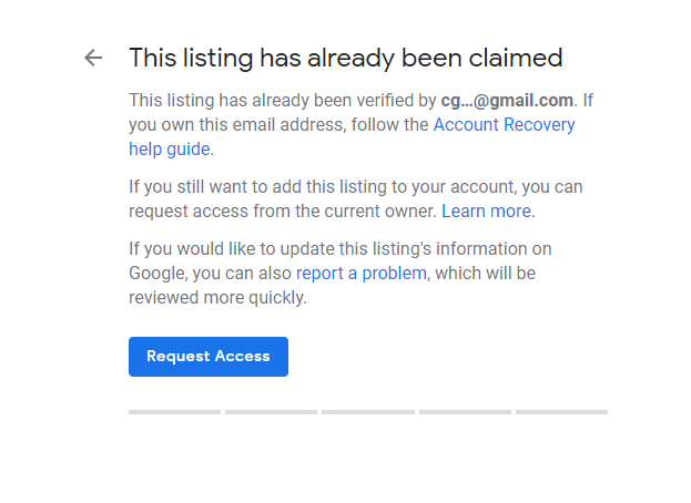screenshot of error message from google titled this listing has already been claimed