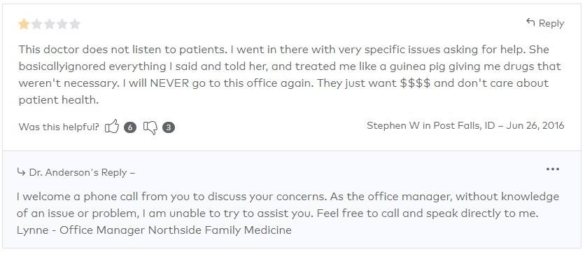 screenshot of a one star review on a healthcare provider and reply from provider resolving the issue