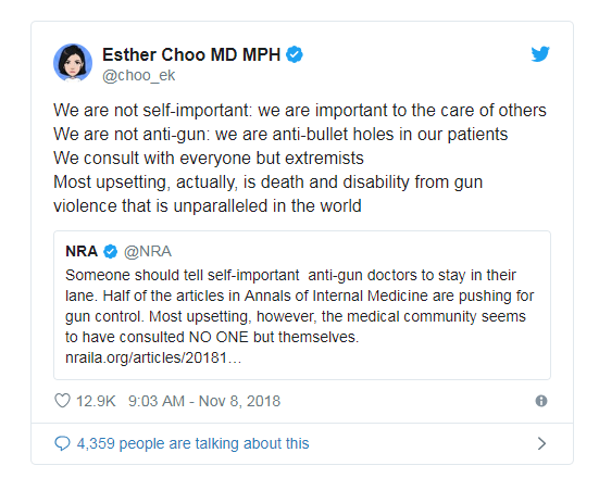 screenshot of tweet from @choo_ek replying to @NRA's tweet telling doctors to stay in their lane