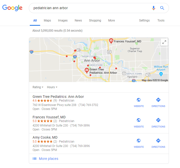screenshot of google map pack for query pediatrician ann arbor