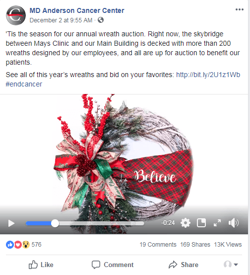 screenshot of facebook post by md anderson cancer center about their annual wreath auction