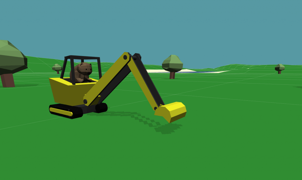 graphic design of beaver driving a digger in the middle of a virtual field