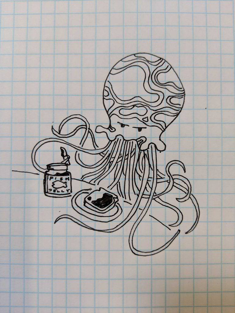 drawing on graph paper of octopus making a sandwich