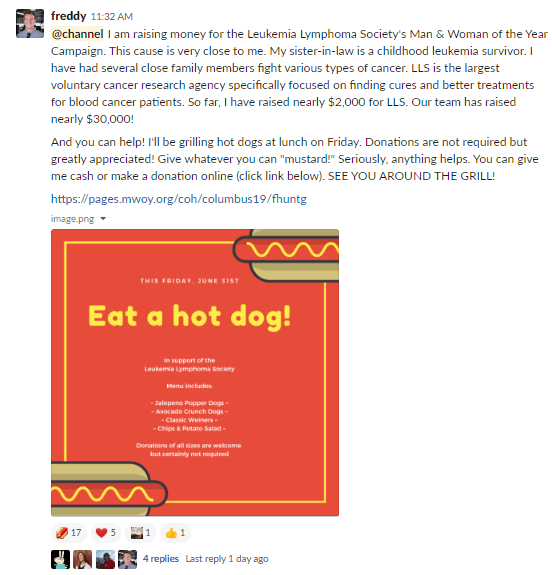 slack message promoting hot dog fundraiser with graphic and text