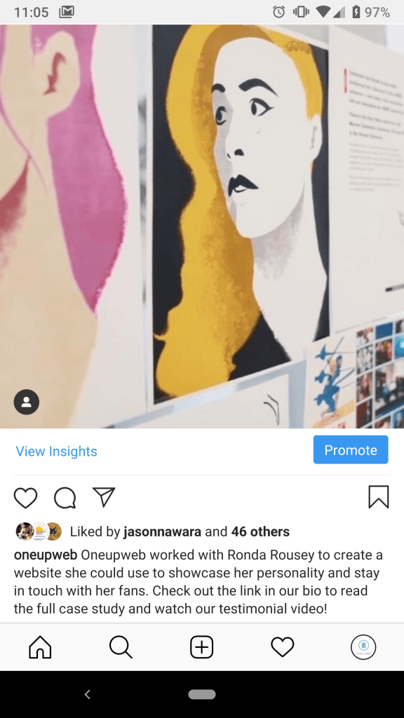 screenshot of instagram post from oneupweb with paintings of woman taped to a wall