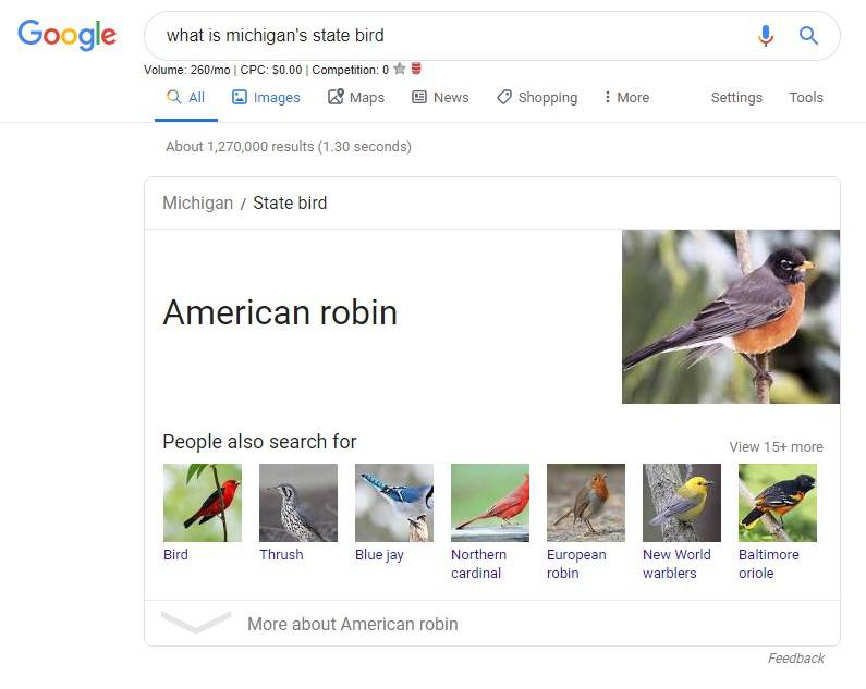 featured snippet on american robin
