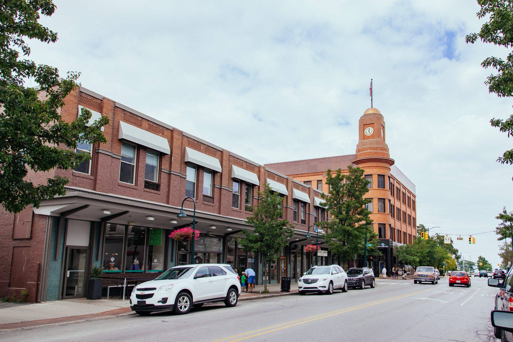 Downtown Traverse City Michigan with cars driving down the street