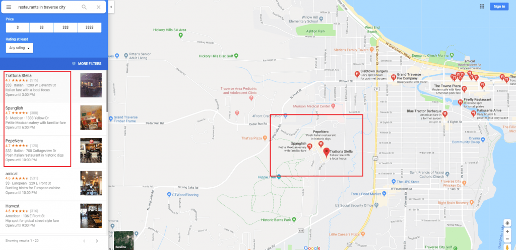 Google Maps screen shot showing local listings in Traverse City, Michigan. 
