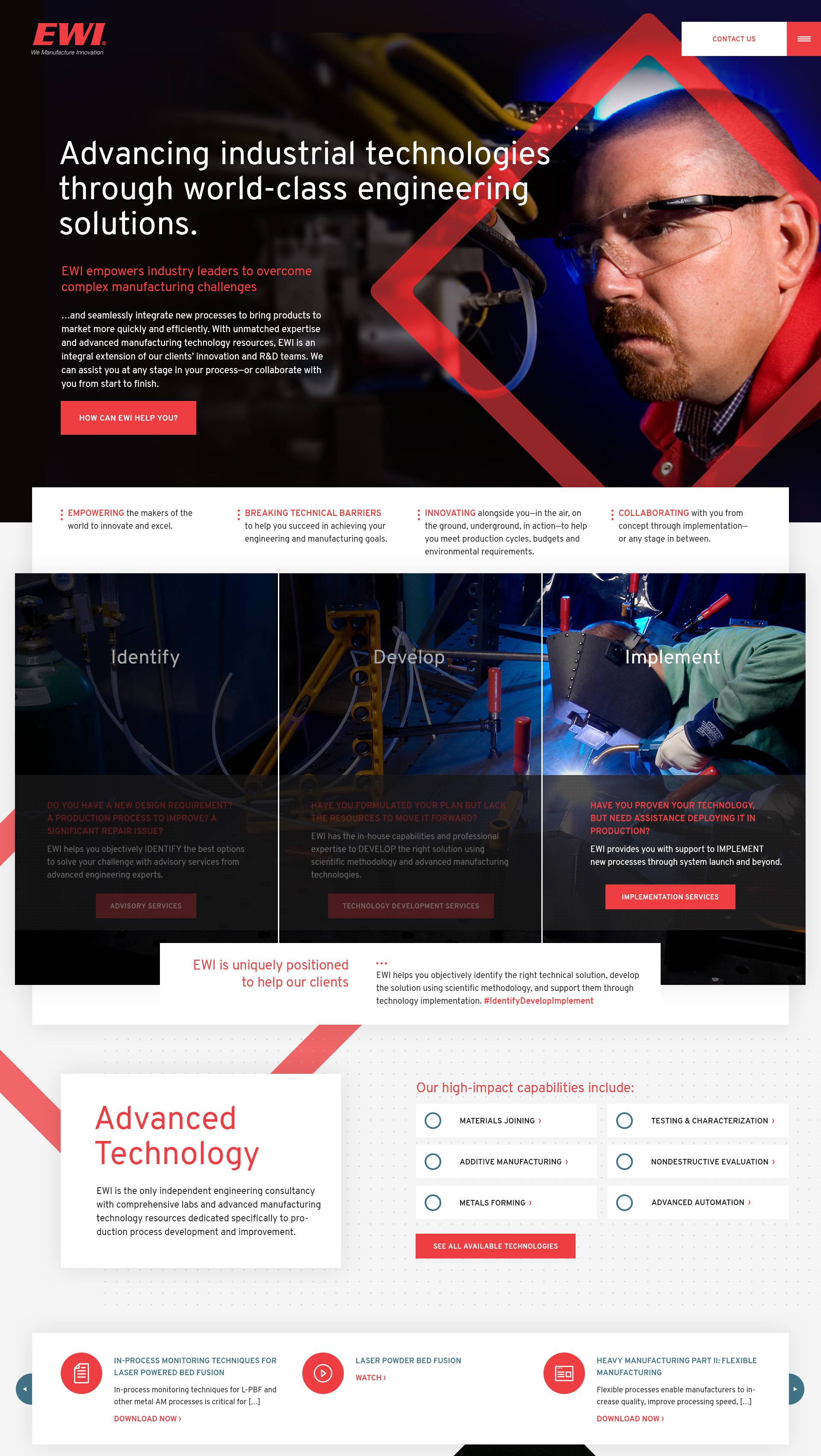 EWI homepage that Oneupweb designed features red accents, logical information architecture, and accessible elements that make a user want to convert!