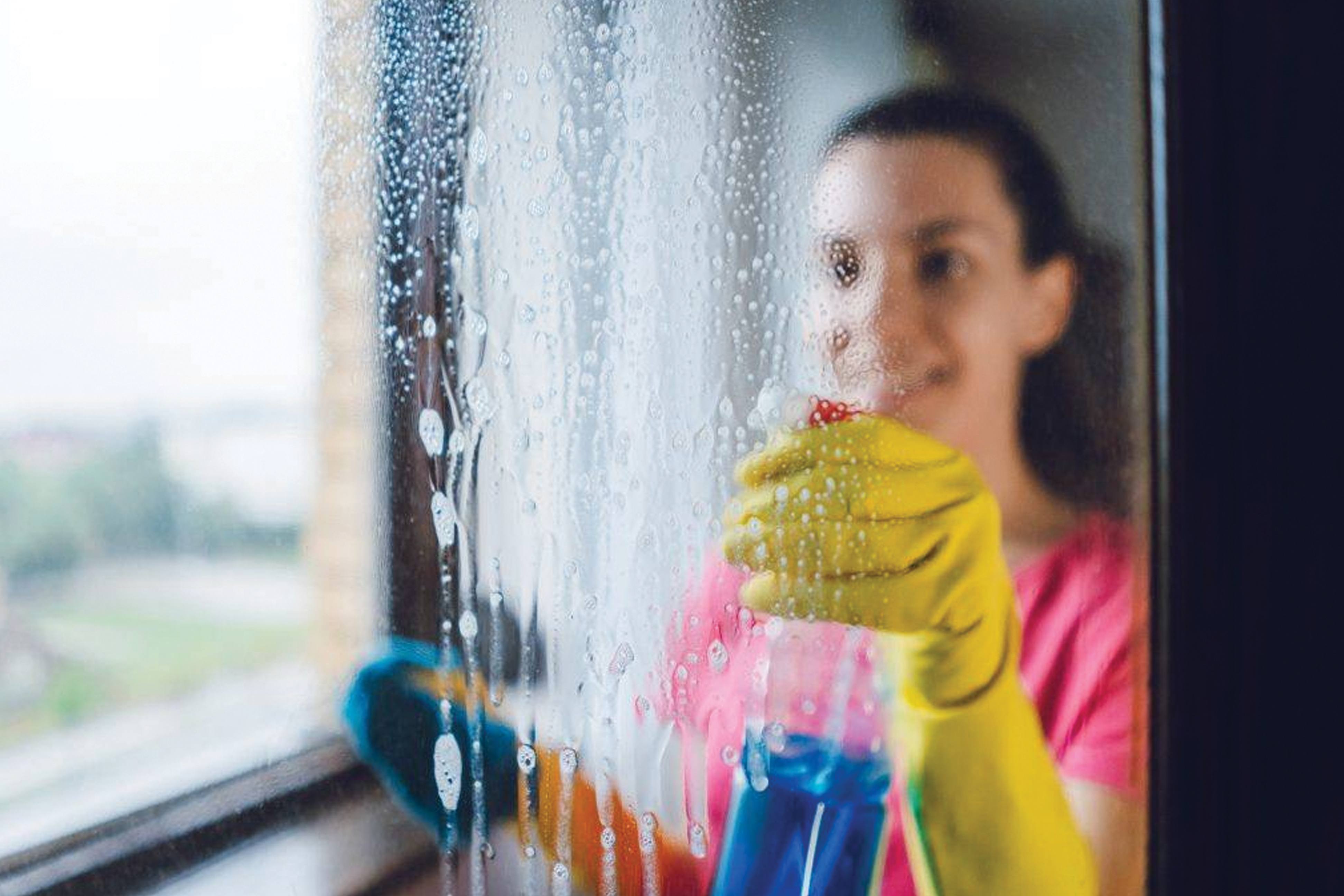 Molly Maid franchise employee cleaning a window