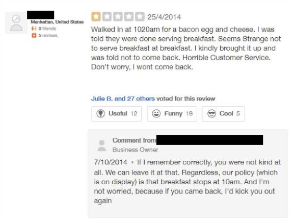 Google reviews example shows a bad review for a restaurant, with an inappropriate, rude response from the business owner that threatens to kick the customer out if they ever come back