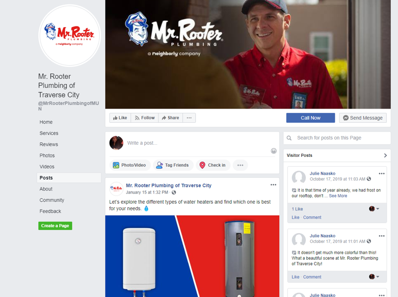 Mr. Rooter of Traverse City local franchisee Facebook page is example of best practices