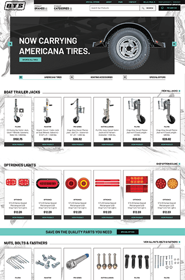 Boat Trailer Supply ecommerce website designed by Oneupweb with textured background and easy-to-use product listings