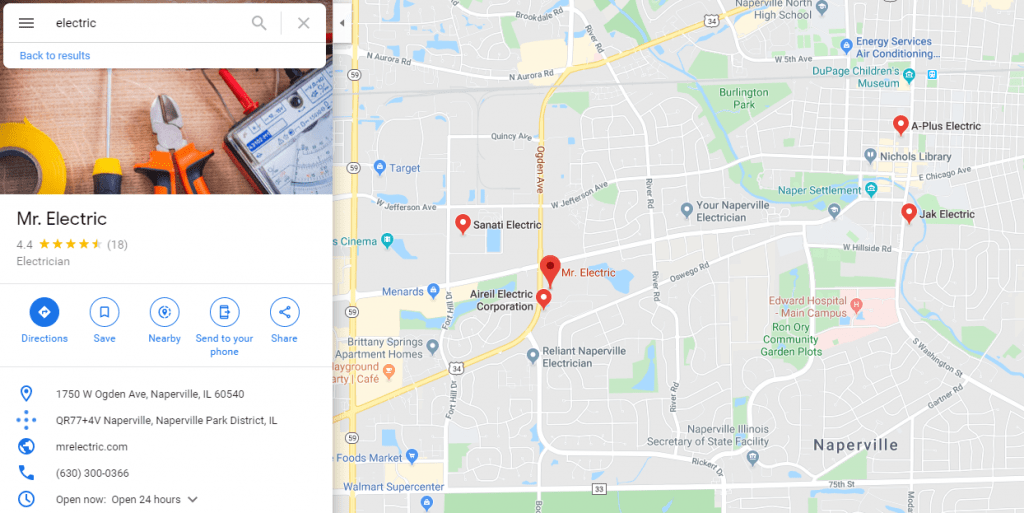 Mr. Electric's business listing shows in Google maps search result for keyword 