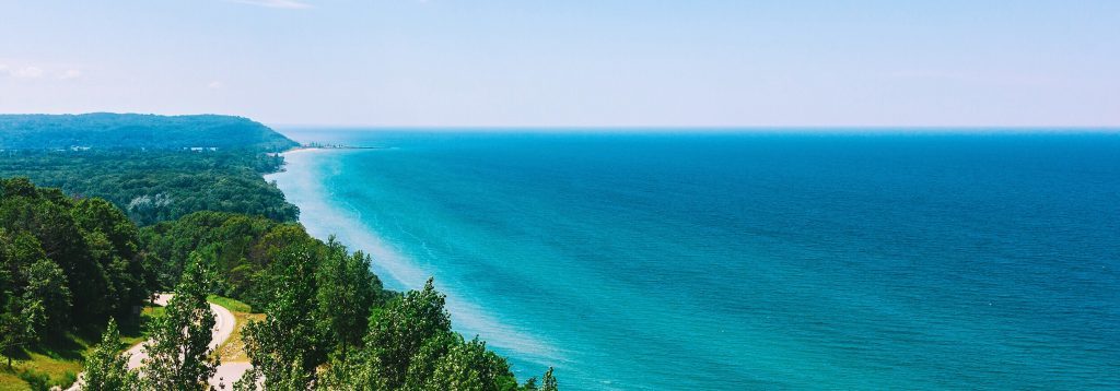 Aerial view of Lake Michigan shoreline with trees