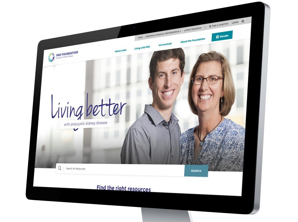 a computer monitor showing a landing page for the polycystic kidney disorder (PKD) foundation website with landing page design from oneupweb