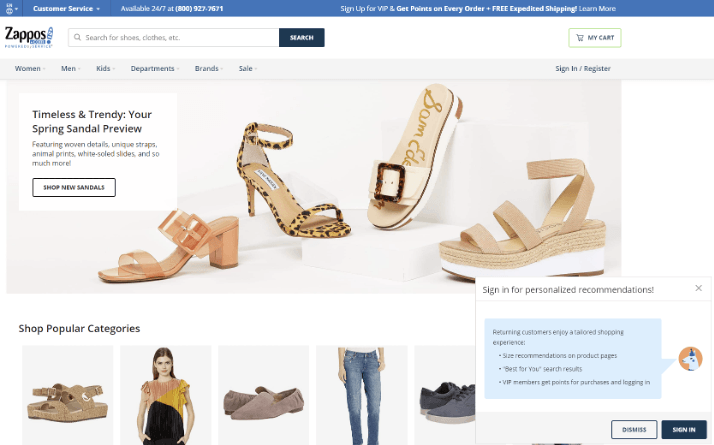 2020 zappos website shows guided user experience for buying shoes