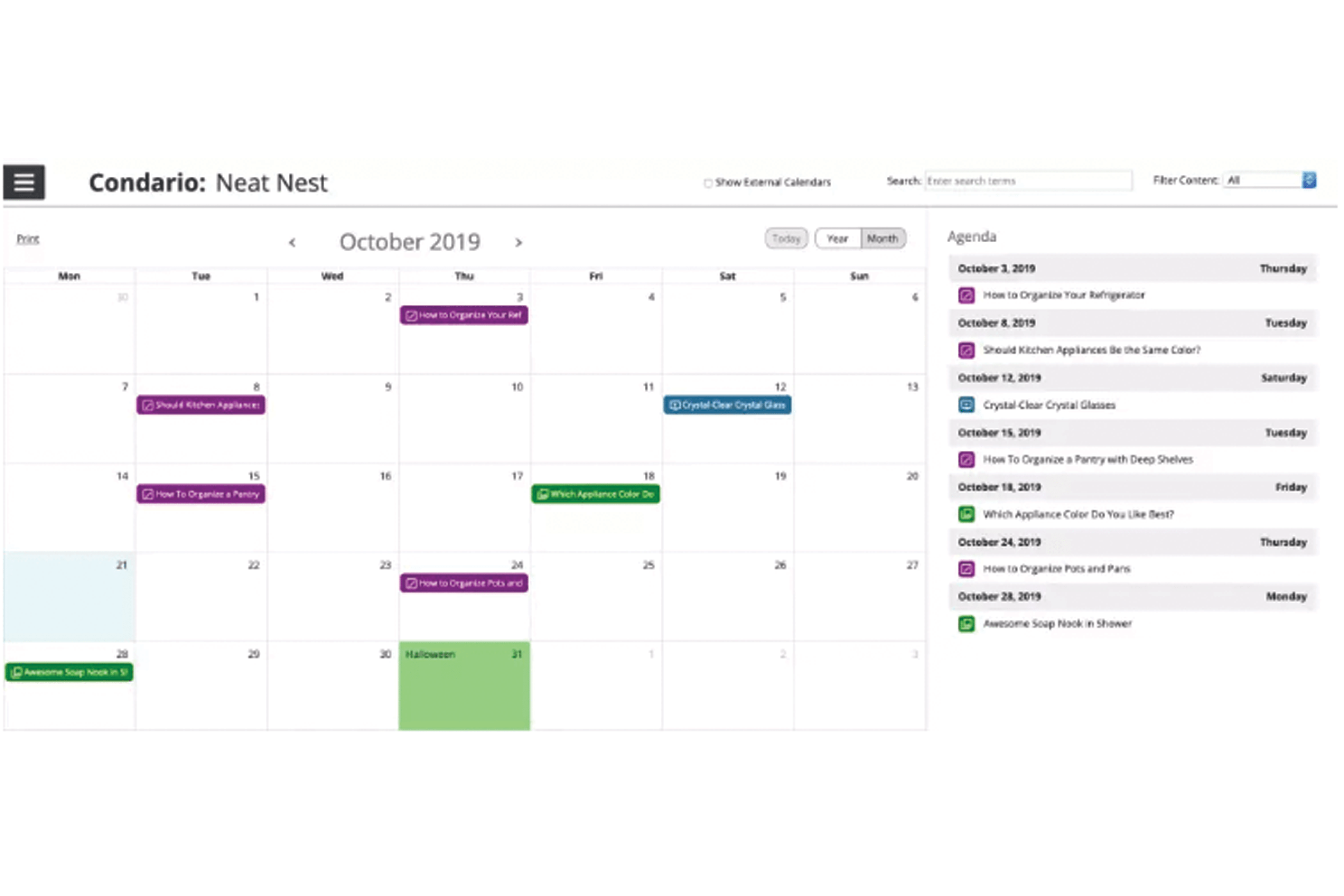 A view of the October 2019 Condario content calendar from Oneupweb.