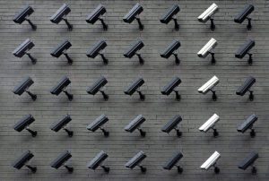 Cameras in rows, mounted on a wall. 6 rows of black cameras and 1 row of white cameras
